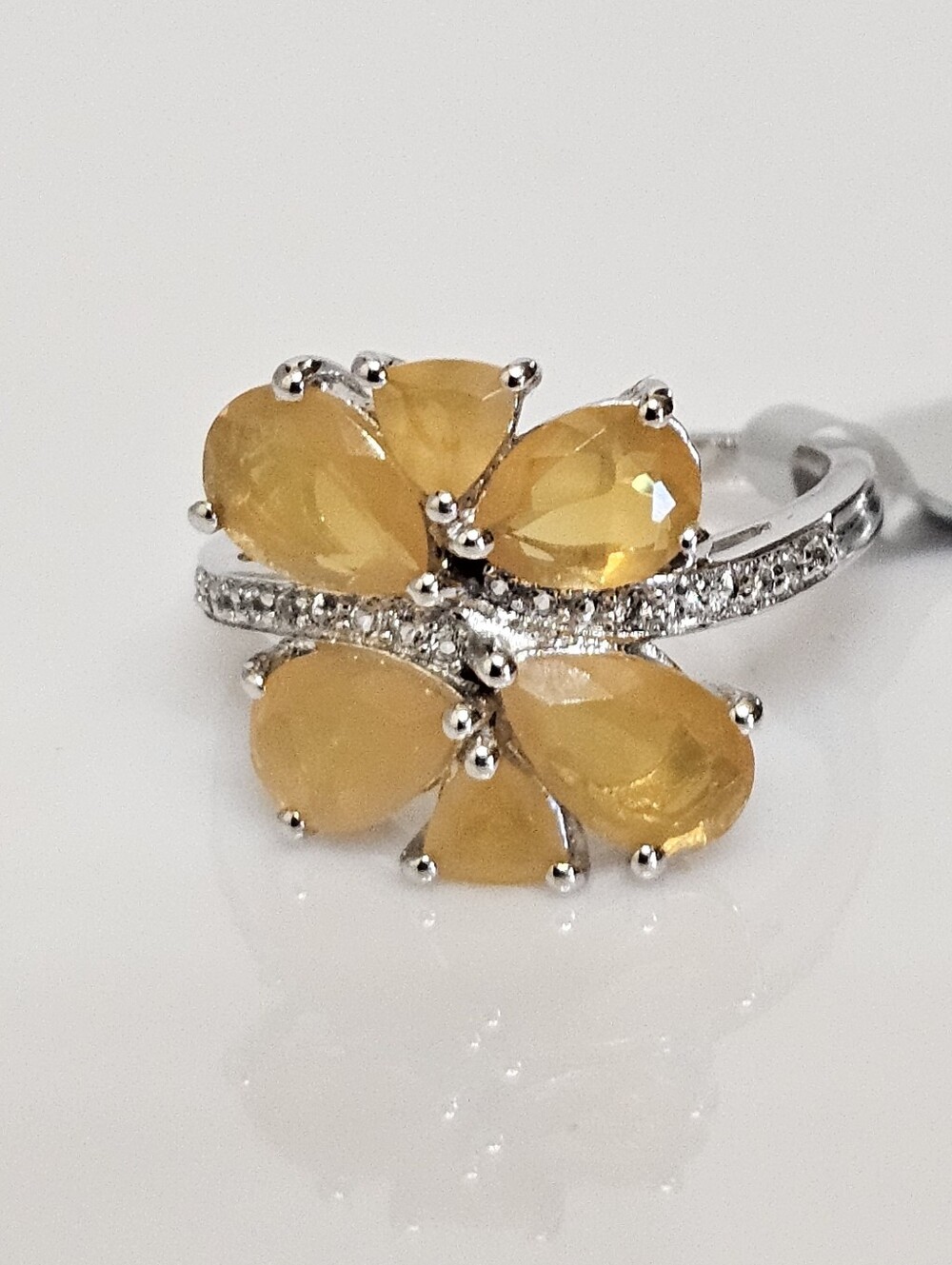Natural American Fire Opal & White Zircon Ring Sterling Silver Rhodium Size 7!